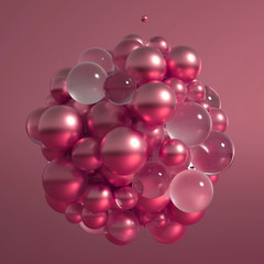 Metallic background with balls, atom, molecule. 3d illustration, 3d rendering.