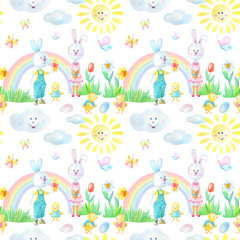 Watercolor Easter simless pattern with hares, chickens, rainbows, eggs, grass, flowers, butterflies, sun on a white background.Watercolour