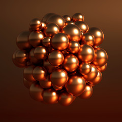 Metallic background with balls, atom, molecule. 3d illustration, 3d rendering.