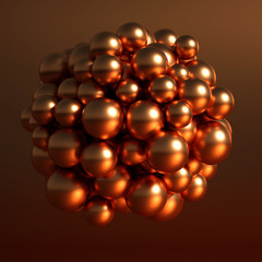 Metallic background with balls, atom, molecule. 3d illustration, 3d rendering.