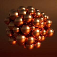 Metallic background with balls, atom, molecule. 3d illustration, 3d rendering.
