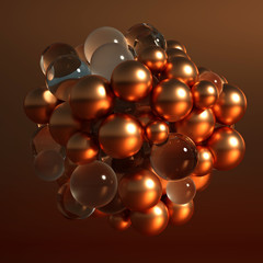Metallic background with balls, atom, molecule. 3d illustration, 3d rendering.