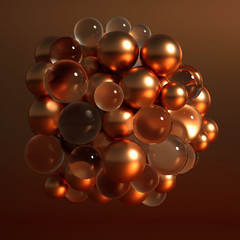 Metallic background with balls, atom, molecule. 3d illustration, 3d rendering.