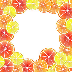 The frame of pieces is different tropical fruits, orange, yellow, red. Background for invitation, greeting photos, messages. Watercolor illustration