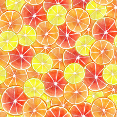 Seamless pattern with tropical fruits lemon, orange, grapruits. Watercolor illustration for scrapbooking, wallpaper, packaging