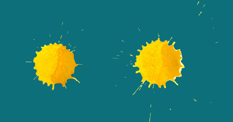 Two watercolor yellow blots. Two drops of lemon juice. Hand drawn illustration on turquoise background