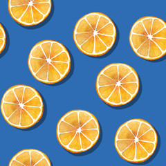 Fototapeta premium Tropical seamless pattern with orange slices. Watercolor illustration on blue background for scrapbooking, wallpaper, packaging, textiles