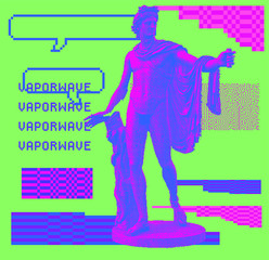 Pixel art ilustration of marble sculpture, Apollo Belvedere in full height. Vaporwave and retrowave style collage, postmodern aesthetics of 80's.
