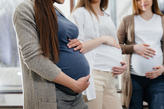 A group of young pregnant girls communicate in the prenatal class. Care and consultation of pregnant women