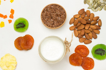 Balanced protein breakfast. Fruits berries  seeds, nuts yogurt
