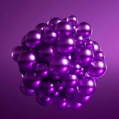 Metallic background with balls, atom, molecule. 3d illustration, 3d rendering.