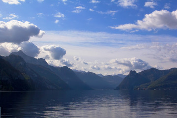 background view of the lake traunsee among the high mountains in the alps, around Gmunden, Austria, Europe