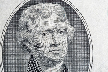 Portrait of the third US President Thomas Jefferson on two dollar bill macro