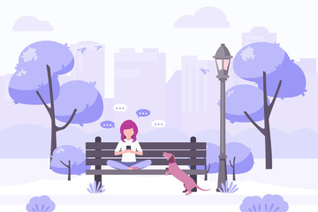 Young woman sitting in city park and sending messages with smartphone. Stock vector. People and mobile technology flat illustration, chat, mobile messengers, communication in the modern world.