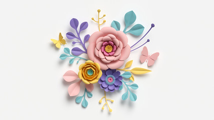 Naklejki  renderowania 3D, abstrakcyjne kwiaty z papieru ciętego na białym tle, botaniczny, uroczysty układ kwiatowy. Róża, stokrotka, dalia, motyl i liście w pastelowej palecie kolorów. Prosty nowoczesny wystrój ścian