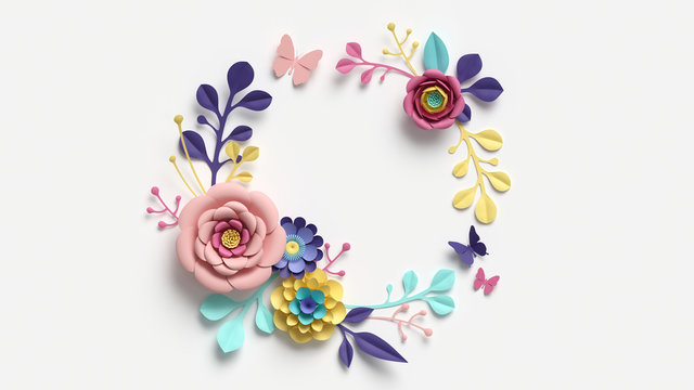 3d render, floral wreath, round frame with copy space. Abstract cut paper flowers isolated on white, botanical background. Rose, daisy, dahlia, butterfly, leaves in pastel colors. Simple card template
