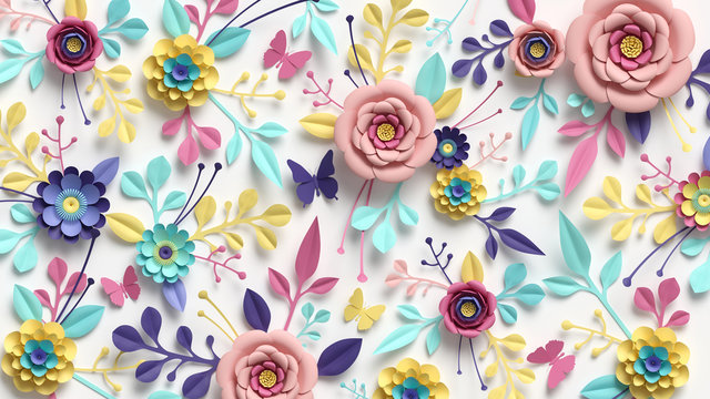 3d render, horizontal floral pattern. Abstract cut paper flowers isolated on white, botanical background. Rose, daisy, dahlia, butterfly, leaves in pastel colors. Modern decorative handmade design