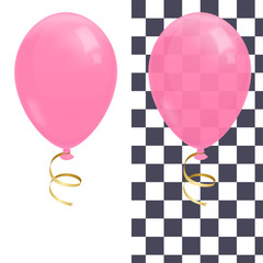 Realistic pink flying balloon with golden ribbon illustration. Isolated on white and checker background. Stock vector.