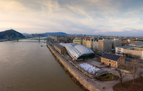 Europe Hungary Budapest. Balna shopping mall. Danube river. Liberty bridge. Cityscape. Aerial