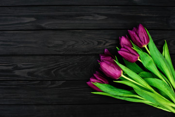 Bouquet of purple spring tulip flowers on a black wooden background. Flat lay. Copy space. Mothers Day. International Women's Day.