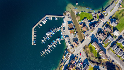 drone photo above the lake of Zug with a boat bridge