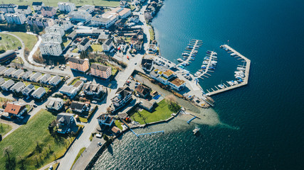 drone photo above the lake of Zug with a boat bridge