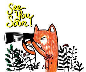 Fox with binoculars in the bushes. Postcard, drawing by hand. Lovely, children's drawing.