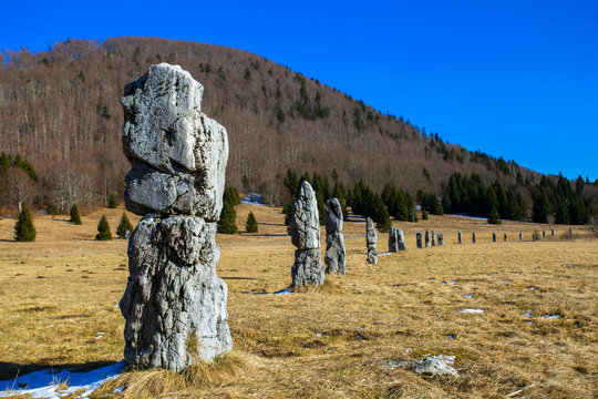 Matic poljana - stone sculptures in memory of in World war 2 frozen partisans near Mrkopalj, Croatia