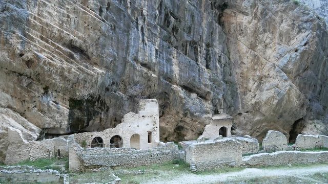 Fara San Martino, Majella National Park, Chieti, Abruzzo, Italy, Europe - January 9 2020: Remains of the old Benedictine abbey in the Gorges of Fara San Martino. Pope Celestine V Hermitage
