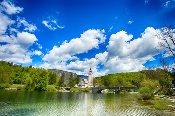 Fototapeta na wymiar Ribcev laz, village next to Bohinj lake in Slovenia