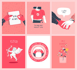 Fototapeta na wymiar Valentine's day pink cartoon love card set