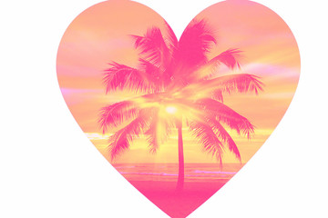Fototapeta na wymiar Heart and palm trees. Love of travel, islands and beaches.
