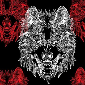 Seamless pattern with grasping wolves. The male pattern. Predator, aggression. Doodling, mandala pattern. Drawing by hand. Stylish background.