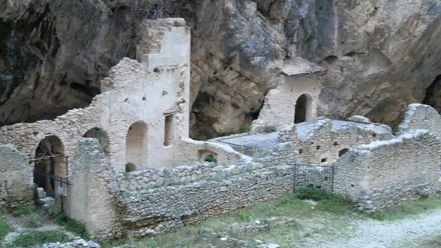 Fara San Martino, Majella National Park, Chieti, Abruzzo, Italy, Europe - January 9 2020: Remains of the old Benedictine abbey in the Gorges of Fara San Martino. Pope Celestine V Hermitage