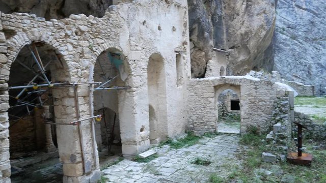 Fara San Martino, Majella National Park, Chieti, Abruzzo, Italy, Europe - January 9 2020: Remains of the old Benedictine abbey in the Gorges of Fara San Martino. Pope Celestine V Hermitage