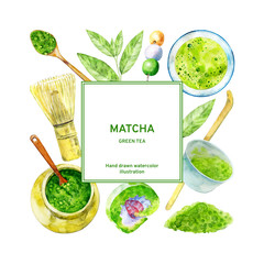 Matcha green tea in frame design. 