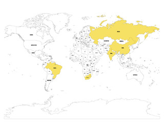World map with highlighted member countries of BRICS - association of five major emerging national economies - Brazil, Russia, India, China and South Africa