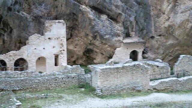 Fara San Martino, Majella National Park, Chieti, Abruzzo, Italy, Europe - January 9 2020: Remains of the old Benedictine abbey in the Gorges of Fara San Martino. Pope Celestine V Hermitage
