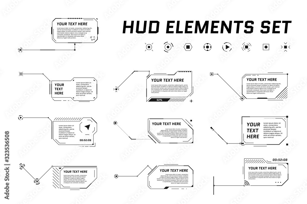 Poster hud futuristic style callout titles. information call arrow box bars and modern digital info black f