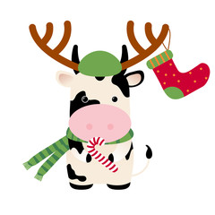 Ox with deer horns, Christmas sock for gifts, sweet candy cane. Chinese Horoscope 2021 (Year of the White Metal Ox). Chinese New year symbol of 2021. Cute cow