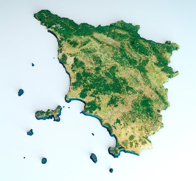 Satellite view of the Tuscany region. Italy. 3d render.Physical map of Toscana, plains, mountains, lakes, mountain range of the Apennines