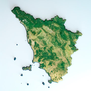 Satellite view of the Tuscany region. Italy. 3d render.Physical map of Toscana, plains, mountains, lakes, mountain range of the Apennines