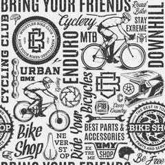 Cotton fabric Retro styled vector black and white typographic bicycle seamless pattern or background. Bike shop and club badges, mountain and road biking design elements