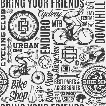 Retro styled vector black and white typographic bicycle seamless pattern or background. Bike shop and club badges, mountain and road biking design elements
