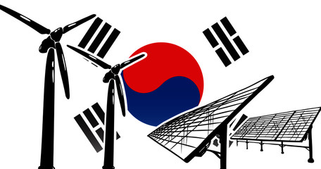 Alternative energy vector concept for Republic of Korea (South Korea) - wind turbines and solar panels on flag background, used colors blue, red, white