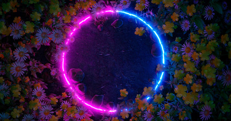 3d render. Neon hoop or circle in the wildflowers. Nature in vibrant neon colors. - obrazy, fototapety, plakaty