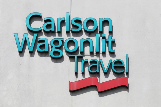 Copenhagen, Denmark - August 3, 2019: Carlson Wagonlit Travel is a company managing business travel, meetings and events for companies, governments and non-governmental organizations