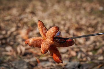 Typical czech small snack or fast food, grilled traditional small sausages in the flames of campfire ring on the small steel spit. Food typical for outdoor activities in Czech Republic or Slovakia.