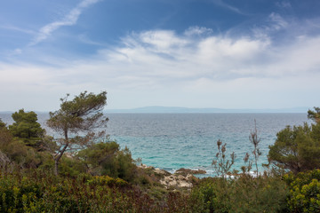 Beautiful scenery by the sea in Vourvourou, Sithonia, Chalkidiki, Greece