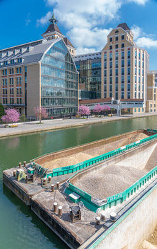 Paris, France - 04 14 2019: Canal Lourcq. Great Pantin Mills